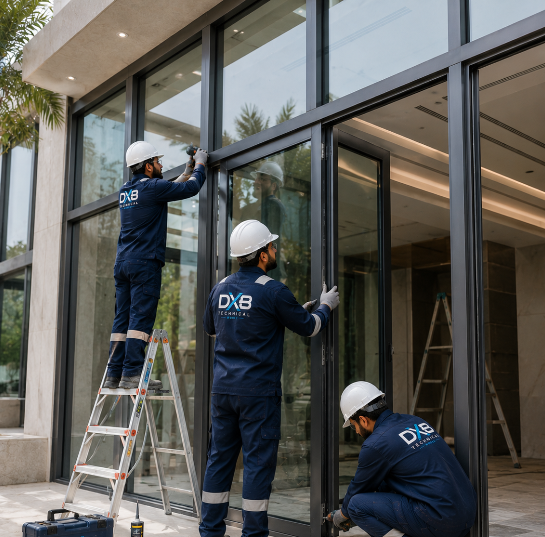 Dubai Technical Works Provide Aluminium & Glass Works in Dubai as the image represents 3 professionals working on Glass and Image works projects in dubai