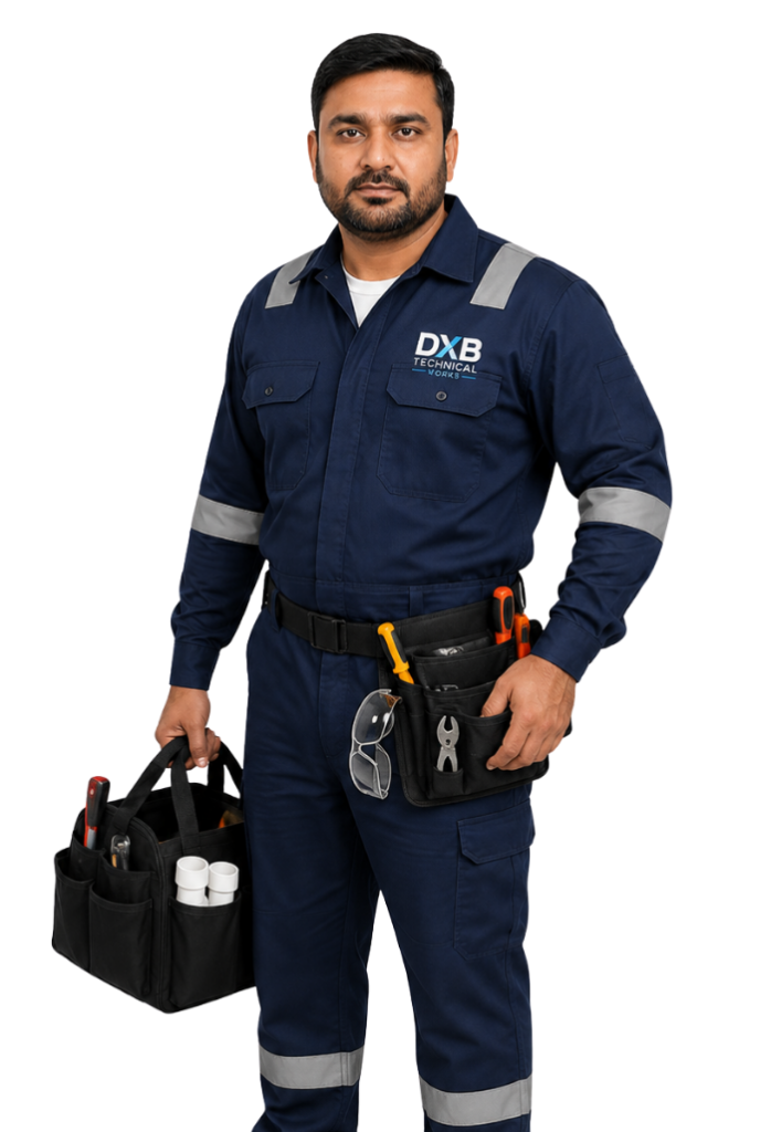 A person Wearing Dubai Technical Works Company Clothes and Carrying a Technical Equipment in the Bags Show Casing the Best Technical & Handyman Service Provider in Dubai & UAE