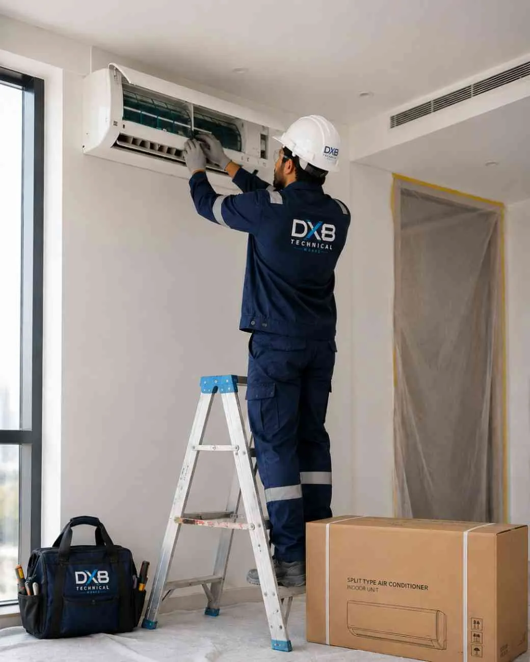 An Expert from Dubai Technical Works Team Repairing an AC by Standing on a Ladder the Best AC repair and technical Service provider in dubai and UAE