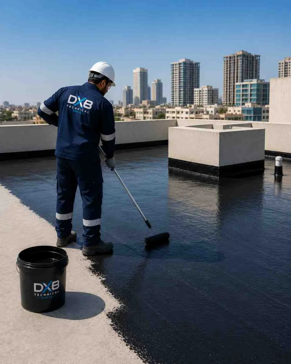 Professional waterproofing services in Dubai by Dubai Technical Works applying roof waterproofing membrane to protect residential and commercial buildings from water leakage.