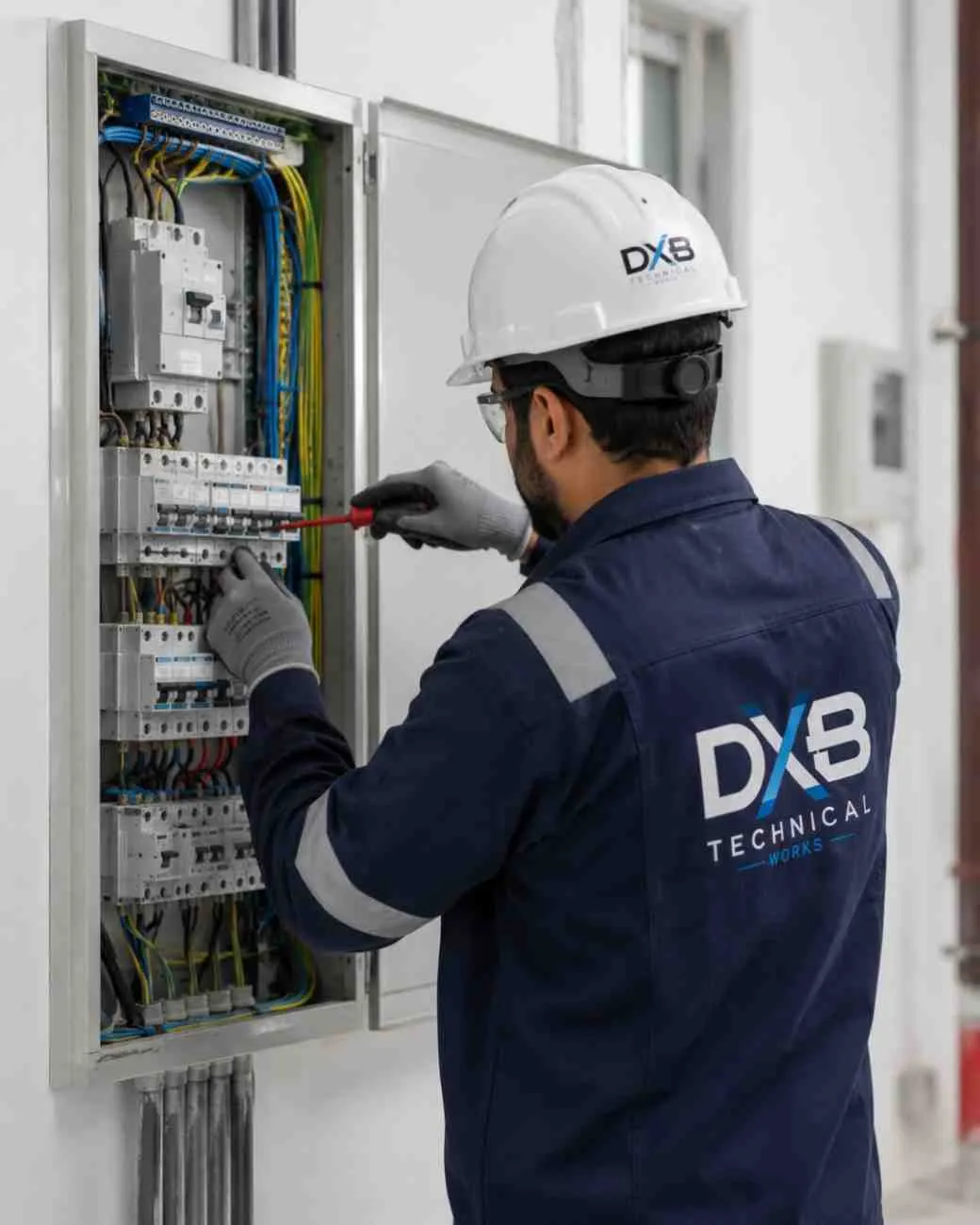 Electrician Working and checking electric circuit borad looks professional electrical services provider in dubai