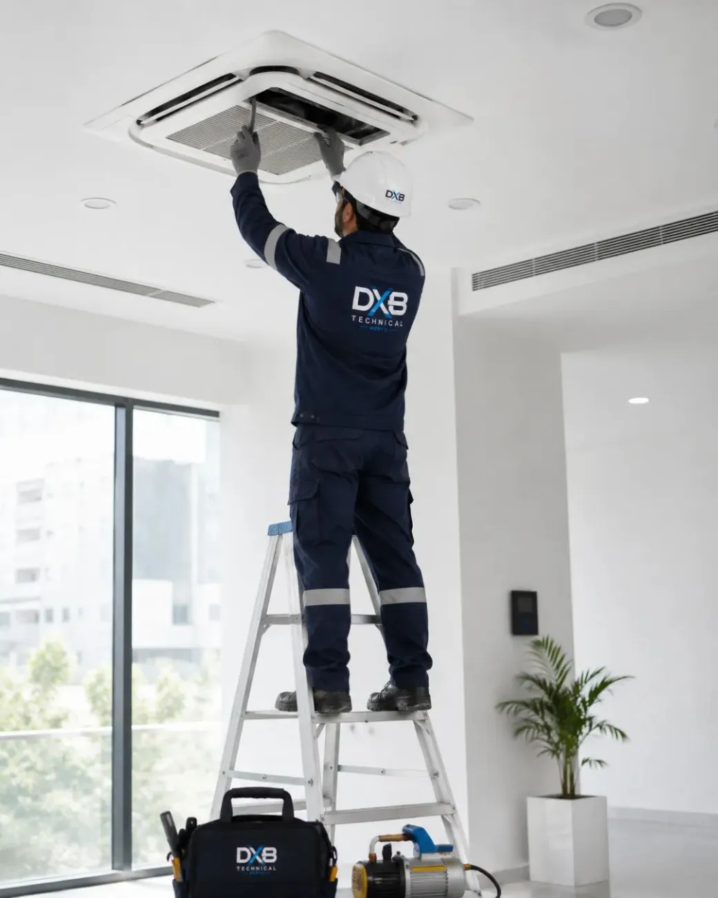 Certified HVAC contractor in Dubai servicing a ceiling cassette air conditioner with professional AC maintenance and ventilation solutions by Dubai Technical Works.