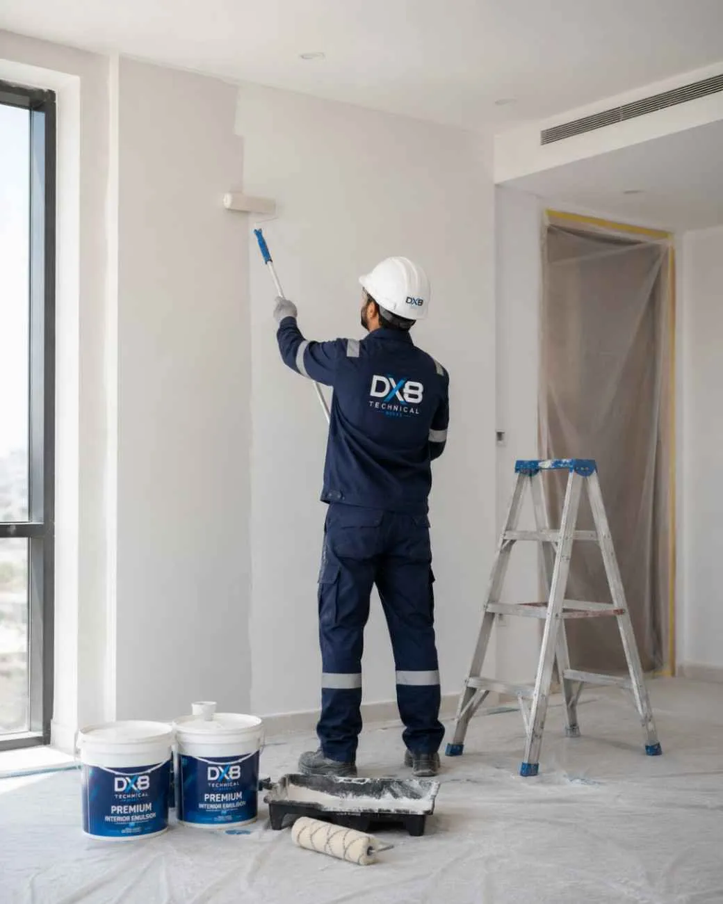 Man holding painting roll painting wall in dubai provide trusted and professional painting services in dubai UAE