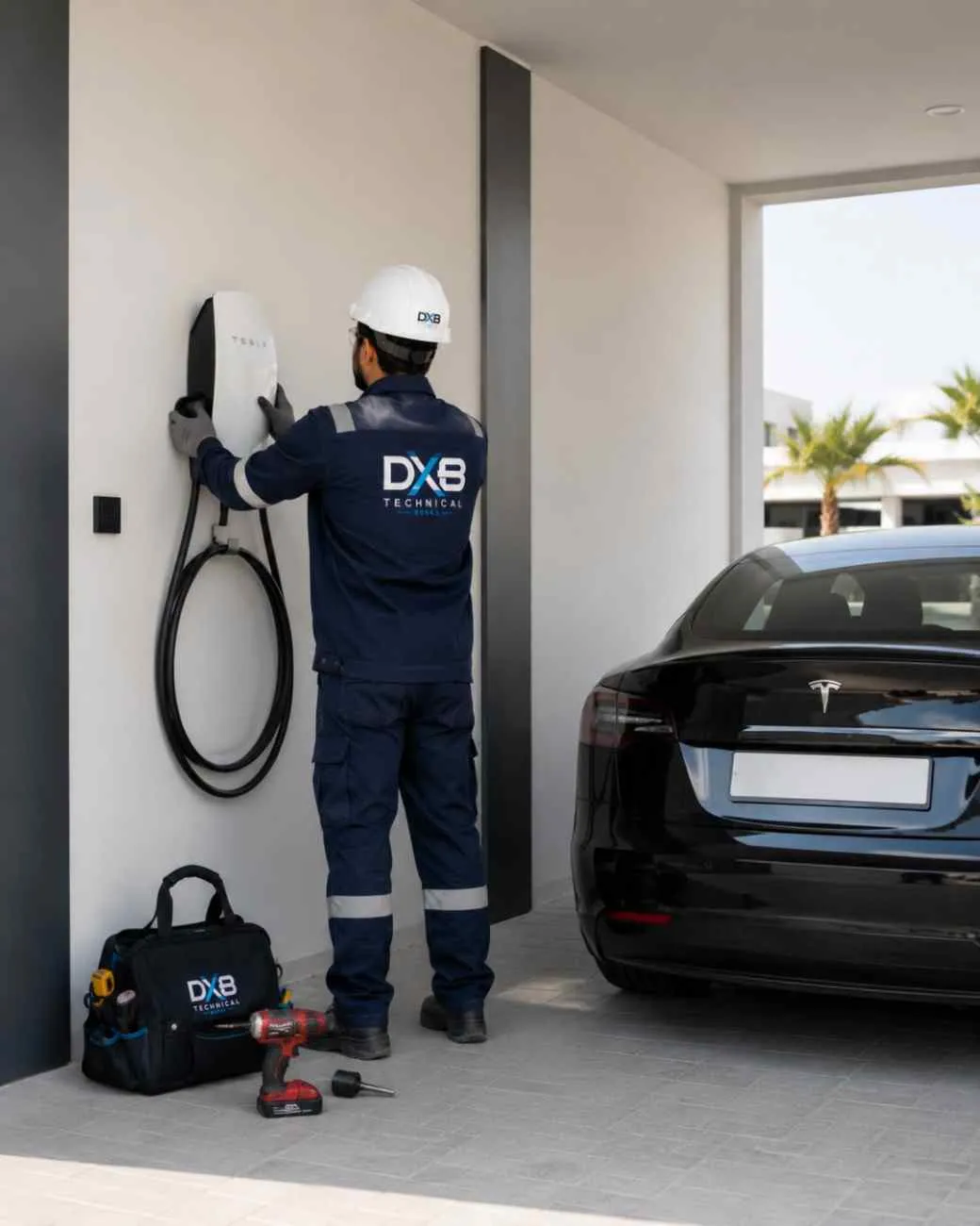 Man installing EV Charger on wall, looks like Tesla Charger Installation Service provide by dubai technical works