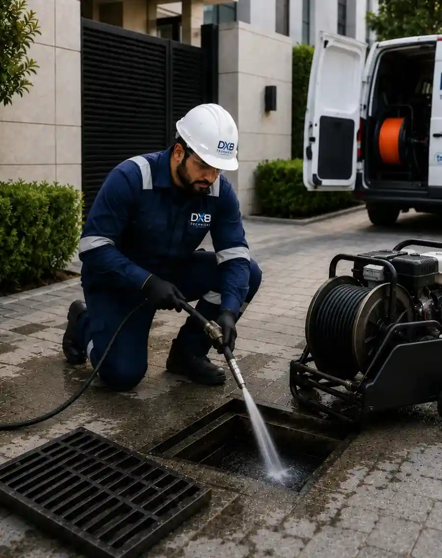 Drainage cleaning services in Dubai by Dubai Technical Works using high-pressure jetting equipment to clear blocked drains, sewer lines, and underground drainage systems.