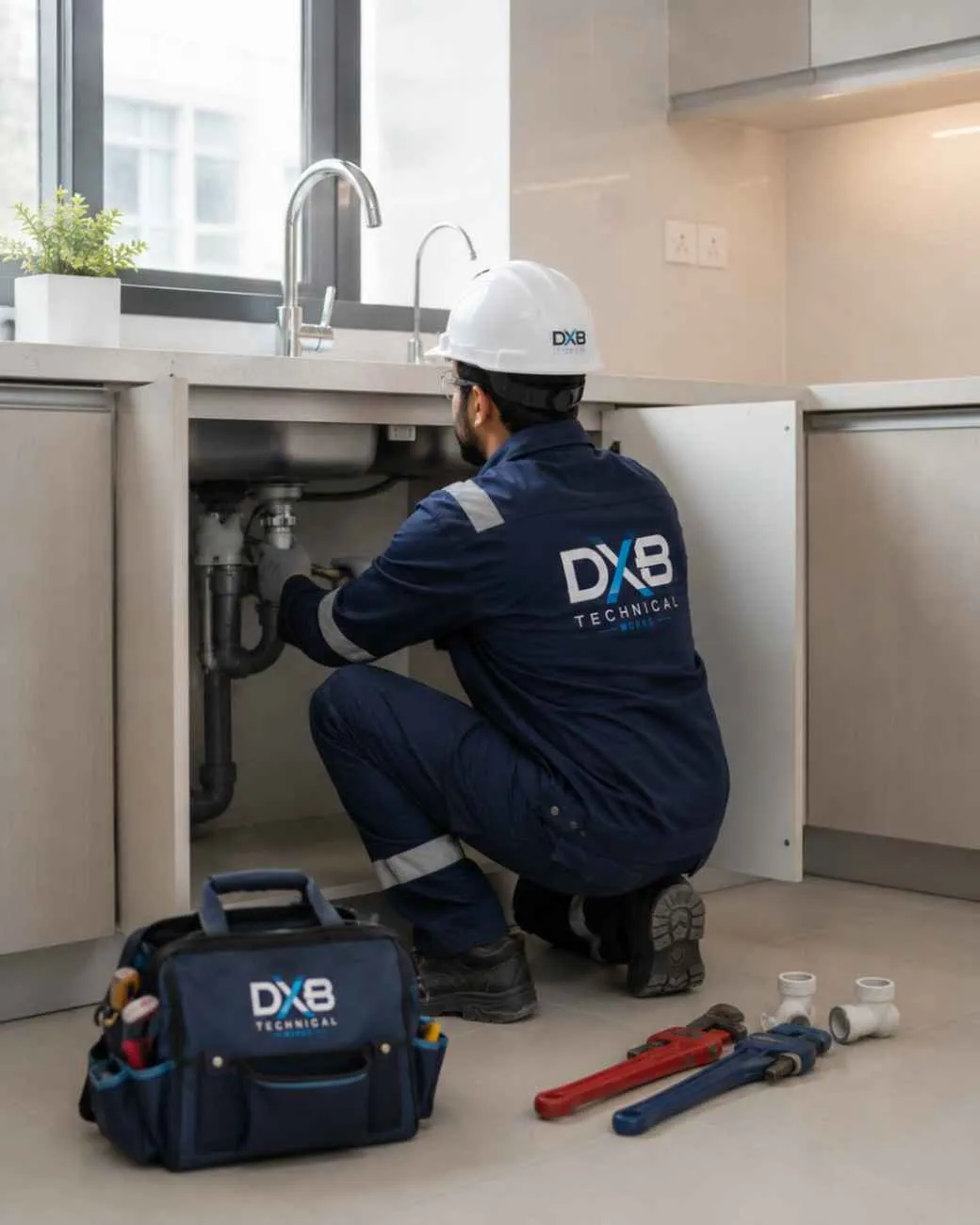 Professional Plumber in Dubai repairing sink pipr and works like professional handyman service provider in dubai