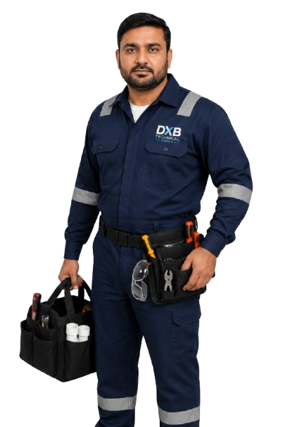 dubai technical works Worker psoing into the camer and holding a hand bag of technical workers equipments looks professional technical and handyman service providers in Dubai UAE