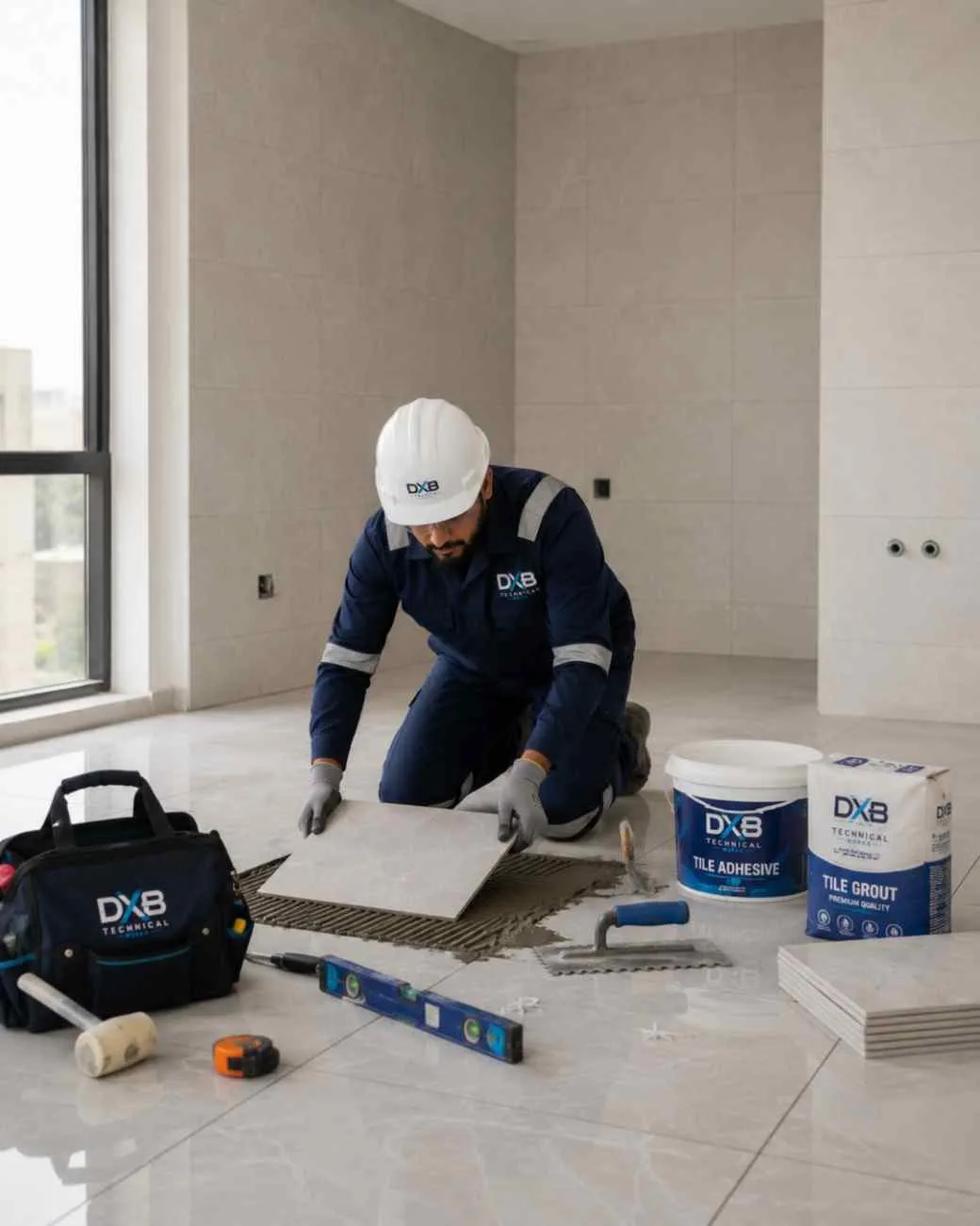 Professional tile and marble installation services in Dubai by Dubai Technical Works installing floor tiles with precision for residential and commercial properties.