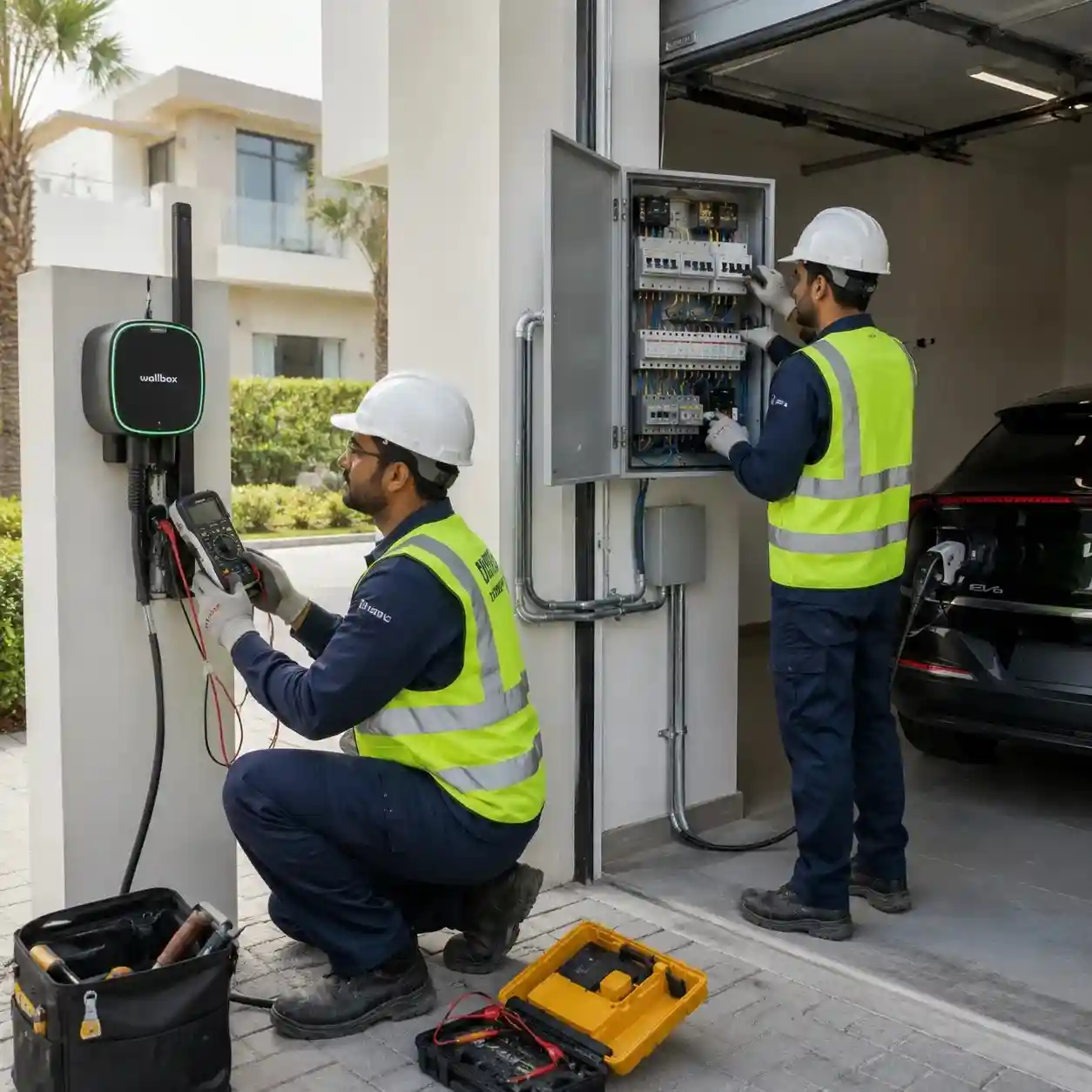 Electricians installing and commissioning a 22kW Wallbox EV charger at a luxury villa in Dubai Hills Estate with an upgraded electrical panel.