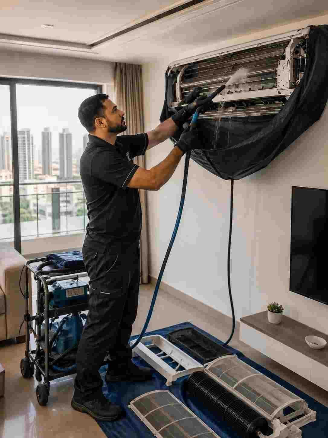 Dubai Technical Works technician deep cleaning an open split AC unit with professional equipment in Dubai