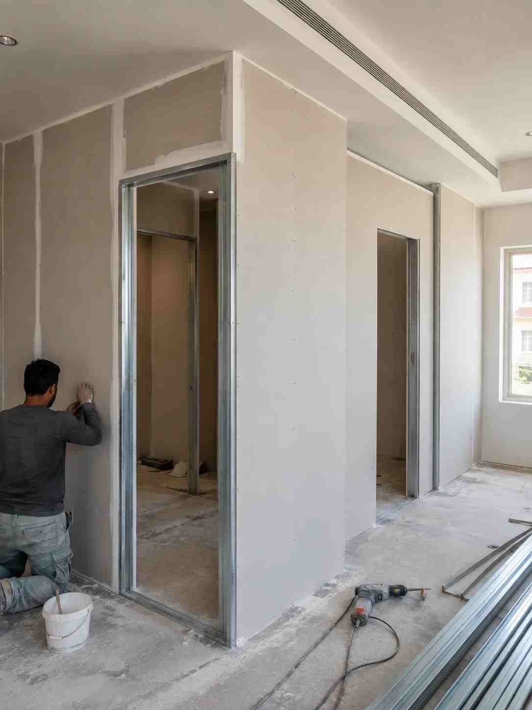 Gypsum partition walls dividing a bedroom and creating a walk-in wardrobe in an Al Barsha villa