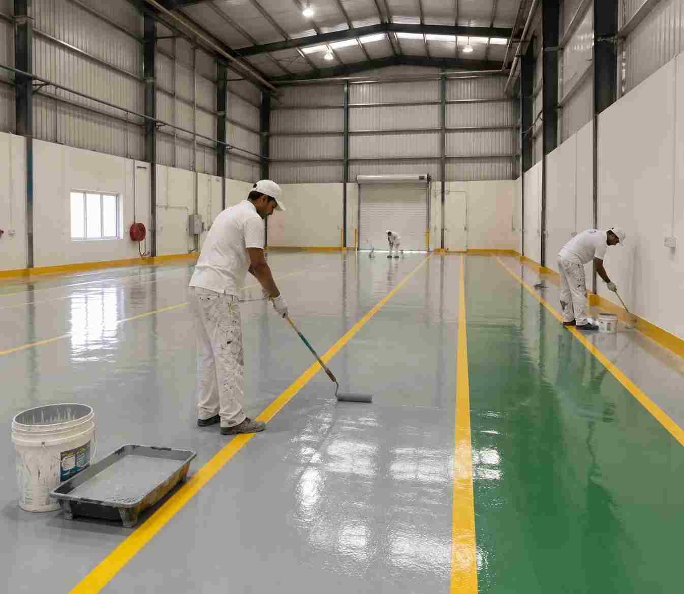 Workers applying epoxy floor coating and safety line markings inside an Al Quoz warehouse