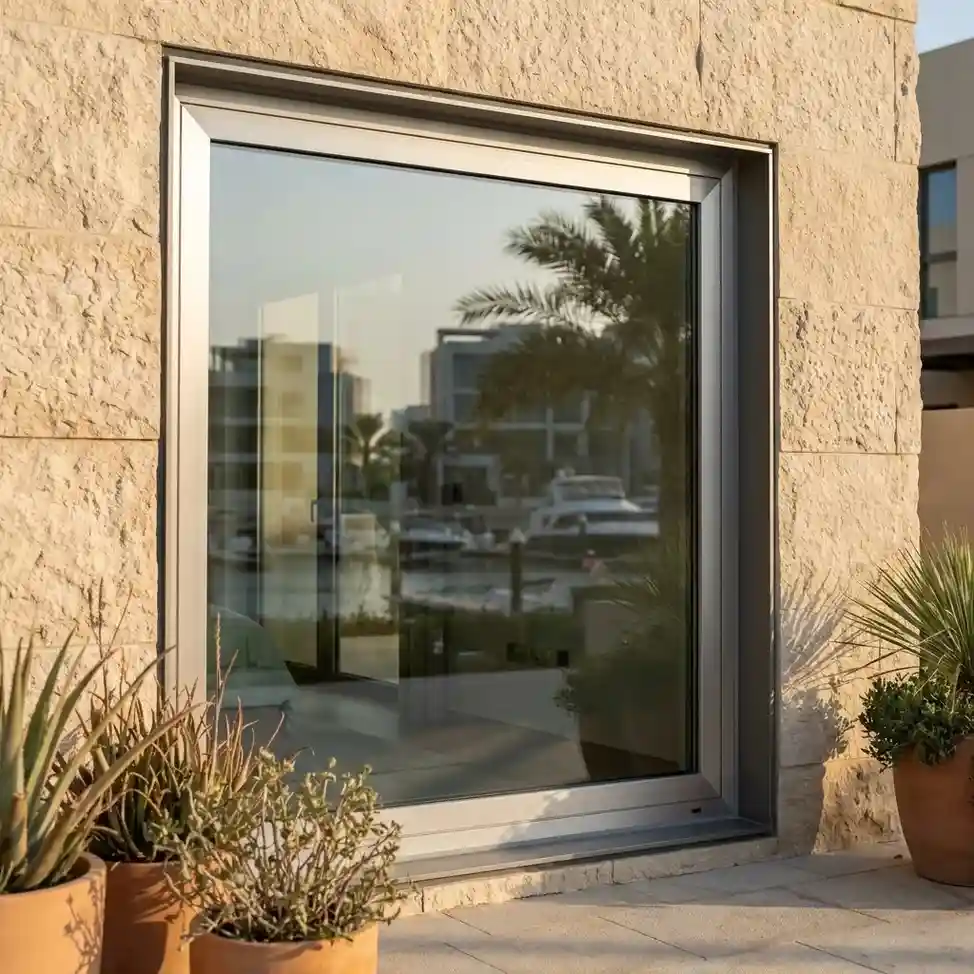 Anodized aluminium window installed on a modern Dubai villa with a corrosion-resistant metallic finish.