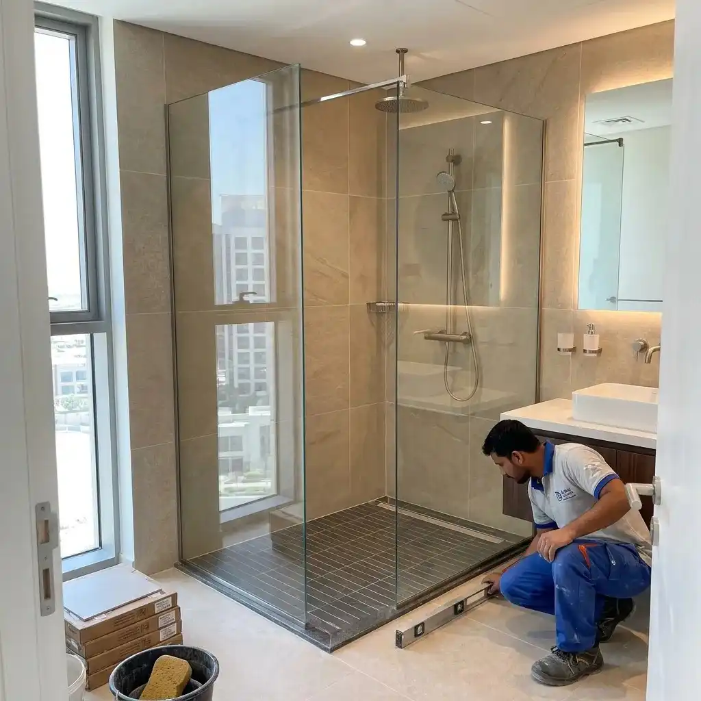 Tile installer checking the drainage slope of an anti-slip shower floor during a bathroom renovation in Business Bay Dubai