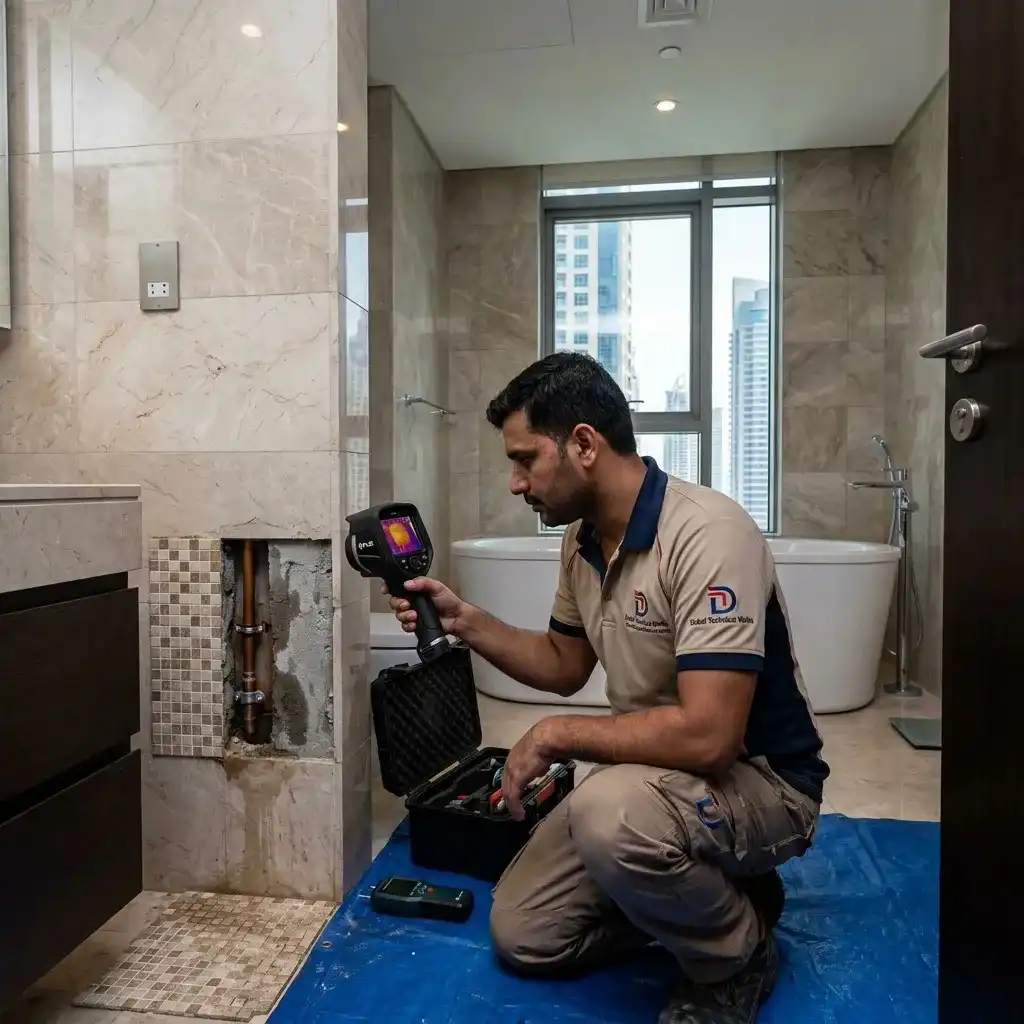 Dubai Technical Works technician using a thermal imaging camera to locate a hidden bathroom leak behind tiles