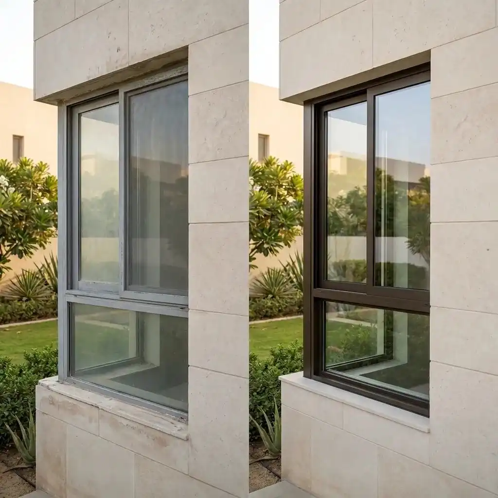 Side-by-side comparison showing an old aluminium window upgraded to a modern slim-frame aluminium window in a Dubai villa.