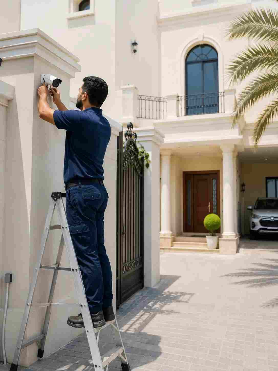 CCTV technician installing a security camera at a villa in Al Zahra Ajman