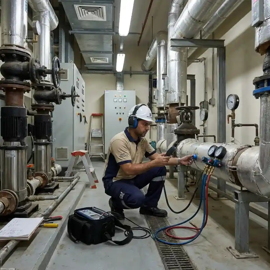 Technician using ultrasonic equipment to detect a chilled water pipe leak in a Dubai mechanical room