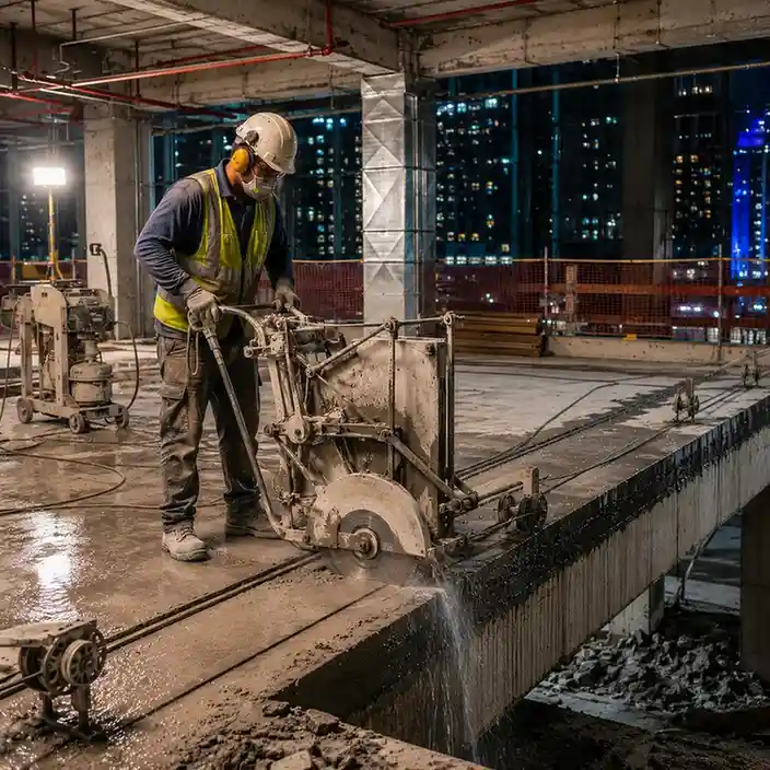Concrete slab cutting for a new stair void at a commercial building in Business Bay Dubai