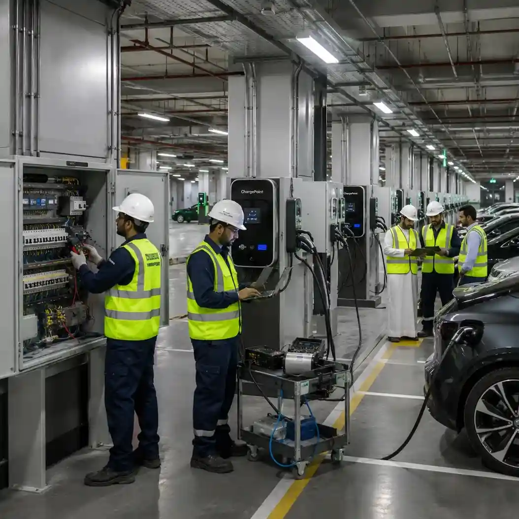 Certified electricians installing and testing an eight-port ChargePoint EV charging system in a Business Bay office tower parking facility.