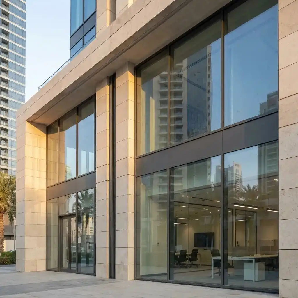 Modern commercial building in Dubai featuring aluminium curtain wall glazing, large glass panels, and premium aluminium entrance doors.