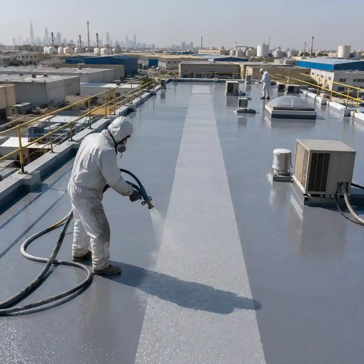 Technician spraying polyurea waterproof coating on a commercial rooftop in Al Quoz Dubai