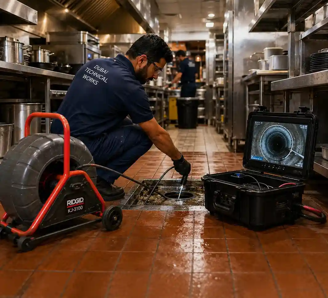 Professional technician hydro jetting a commercial kitchen drain in Dubai