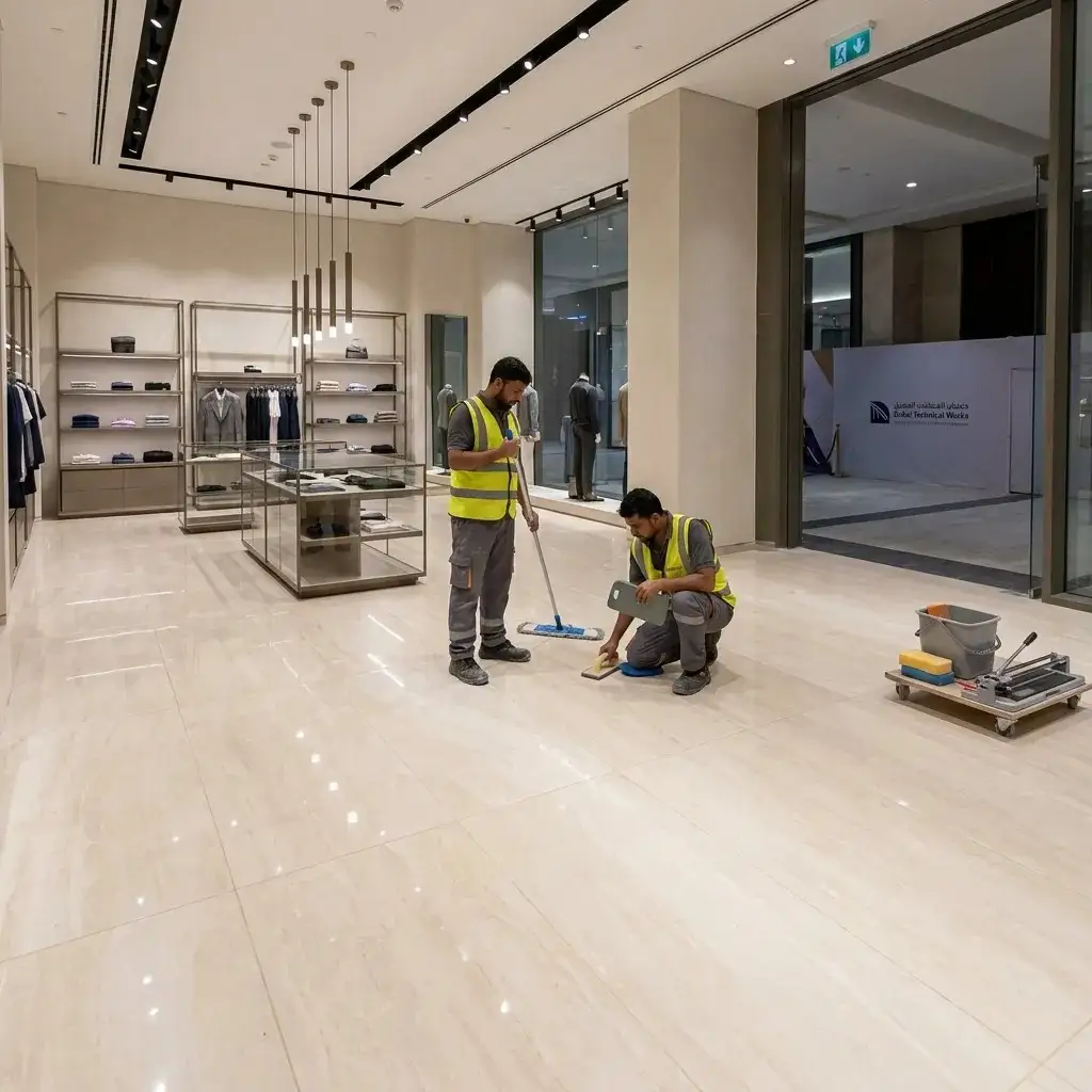 Professional tile installers completing large-format porcelain floor tiling in a retail shop in Downtown Dubai