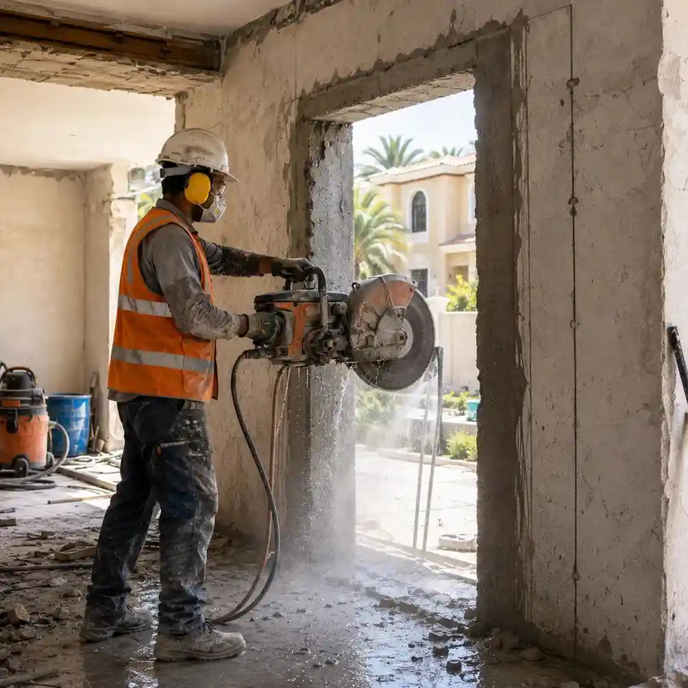 Dubai Technical Works worker performing precision concrete wall cutting for a villa door opening in Arabian Ranches