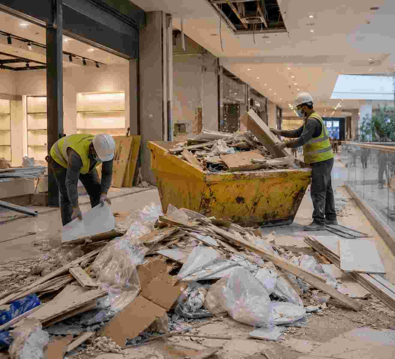 Workers removing construction rubbish and renovation debris from a residential site in Dubai