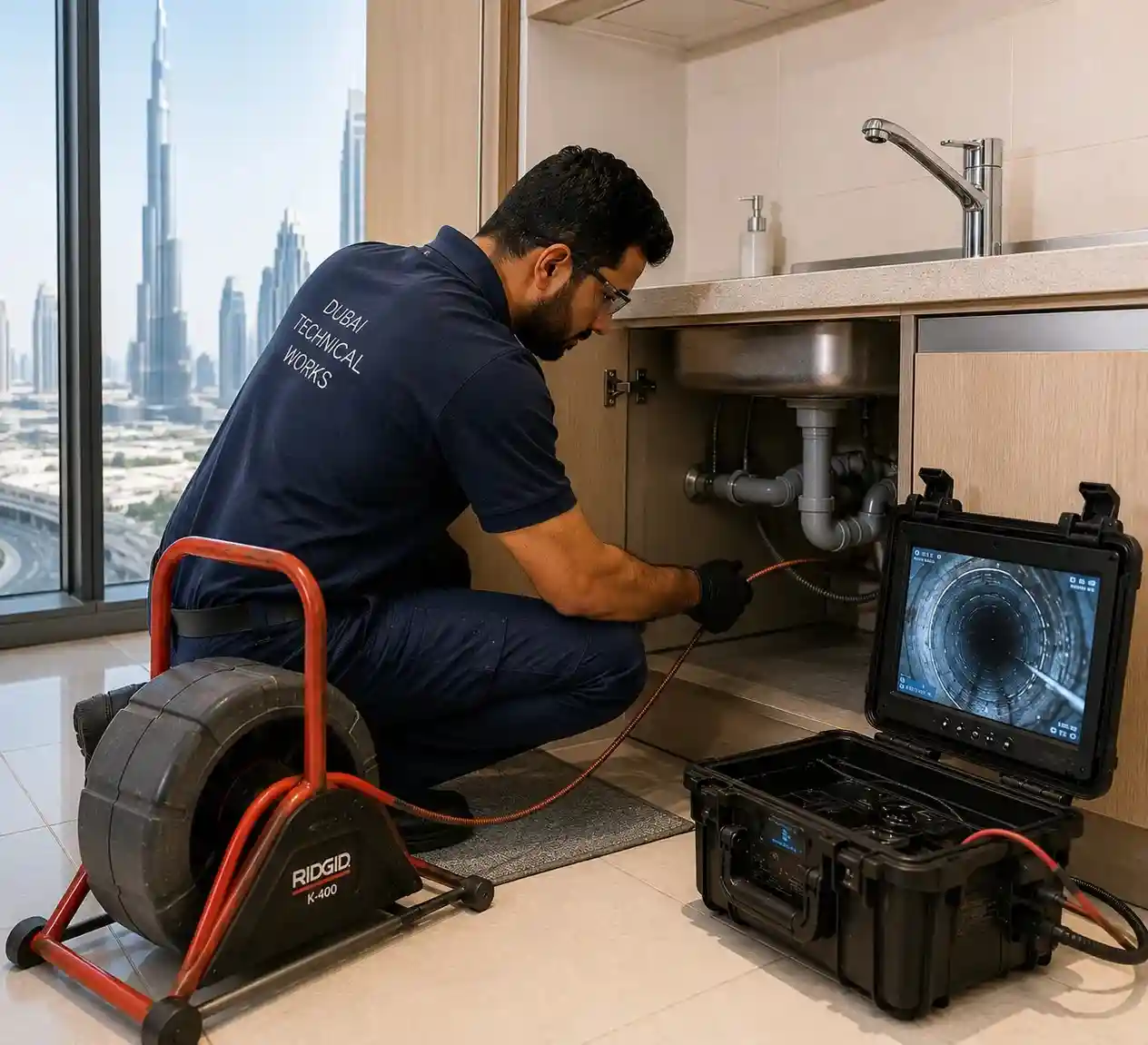 Technician clearing a blocked kitchen drain in a Dubai high-rise apartment