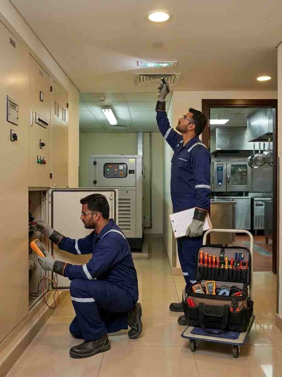 Professional electricians performing preventive electrical maintenance in a JBR hotel
