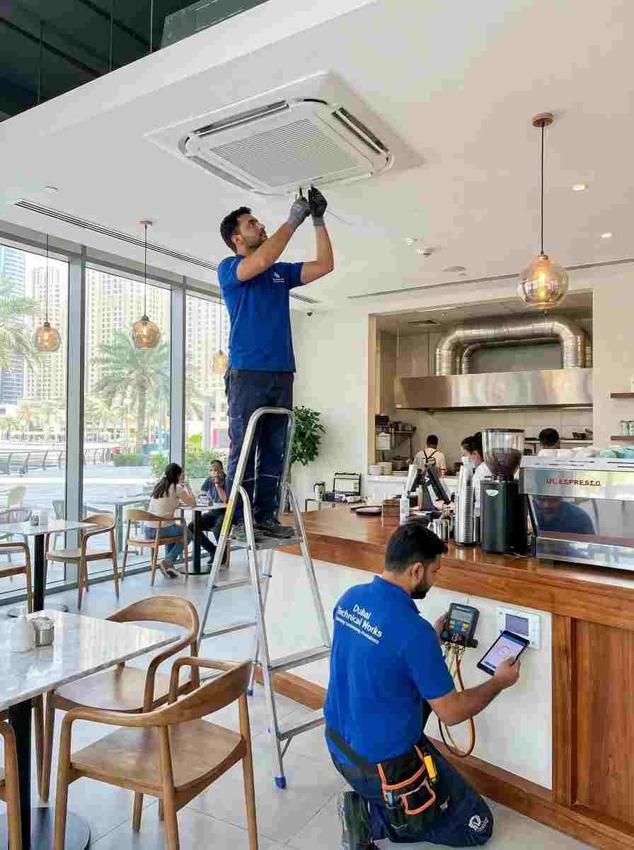 HVAC technicians installing four-way cassette AC units in a JBR café in Dubai