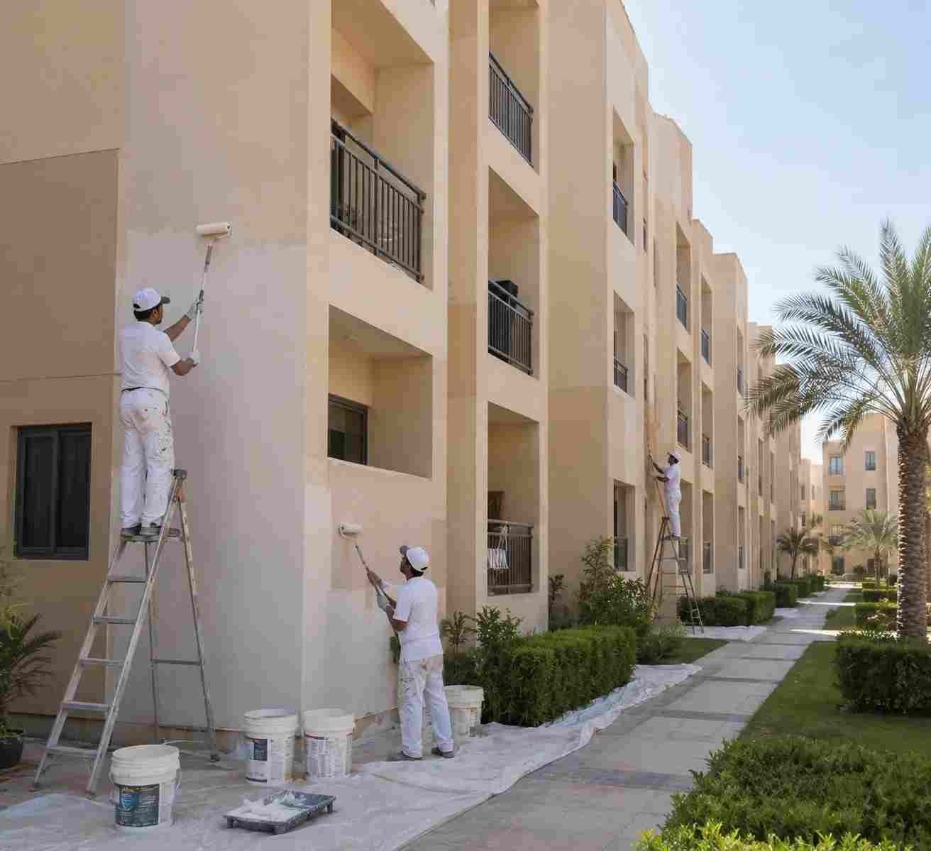 Painters applying fresh paint to a JVC apartment complex during move-out renovation