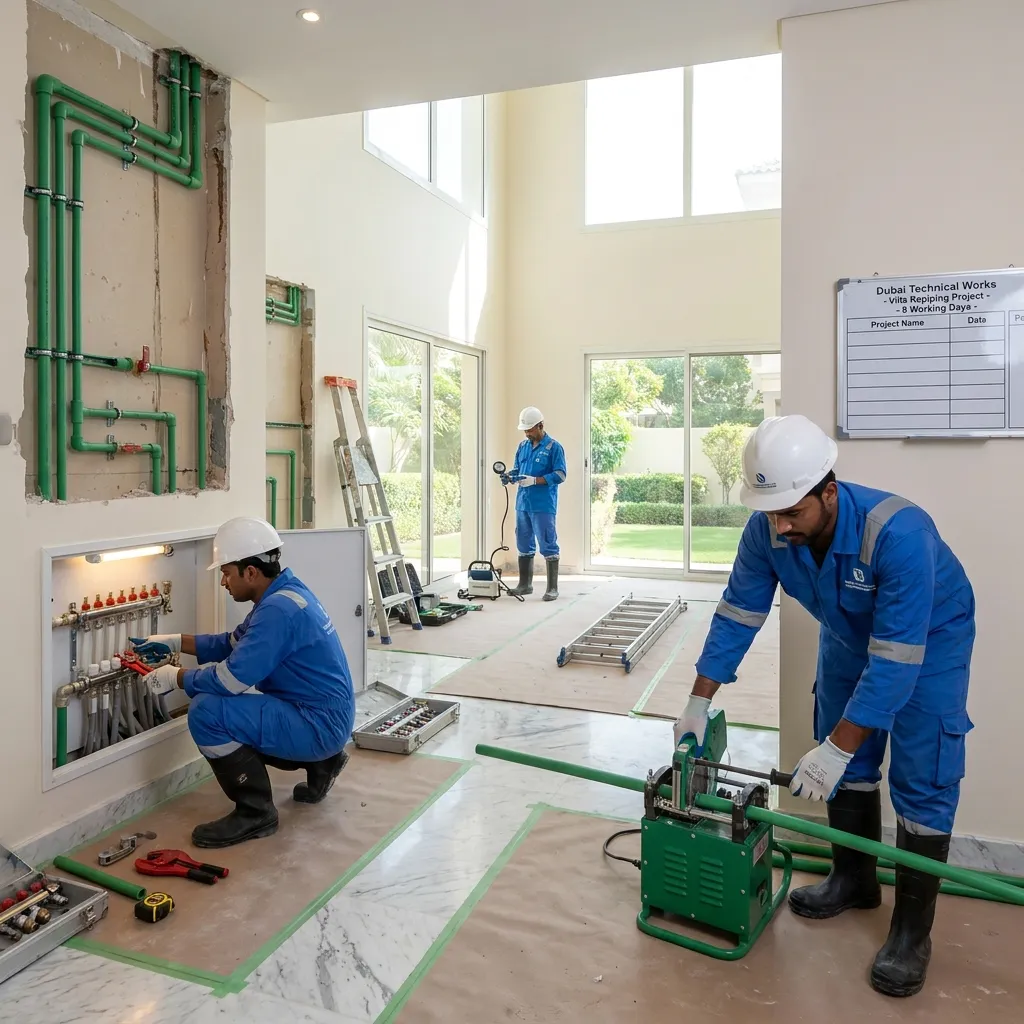Professional plumbers installing new PPR water pipes during a luxury villa repiping project in Emirates Hills by Dubai Technical Works.
