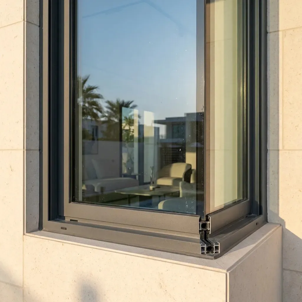 Powder-coated aluminium window with a matte grey finish installed on a modern villa in Dubai.