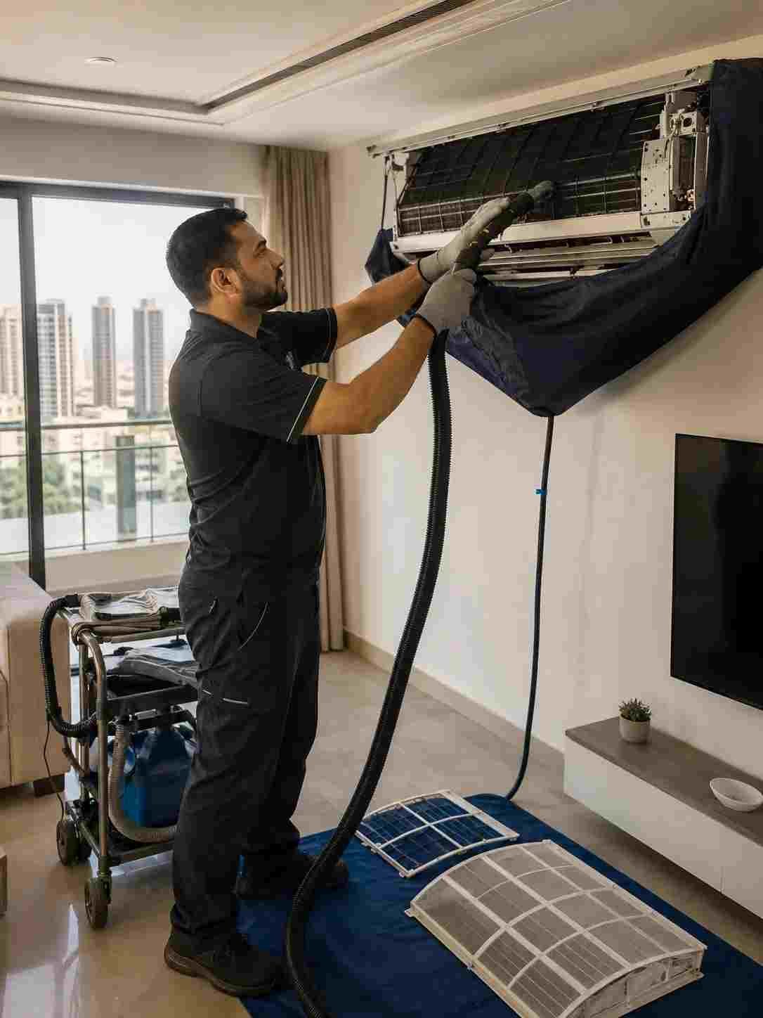 Dubai Technical Works technician professionally cleaning an indoor AC unit in a modern Dubai apartment