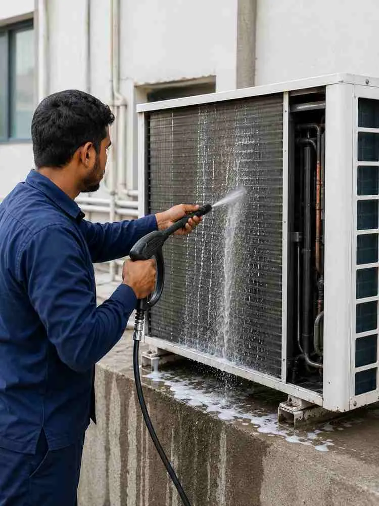 Technician pressure washing an outdoor AC condenser coil during professional AC coil cleaning in Dubai