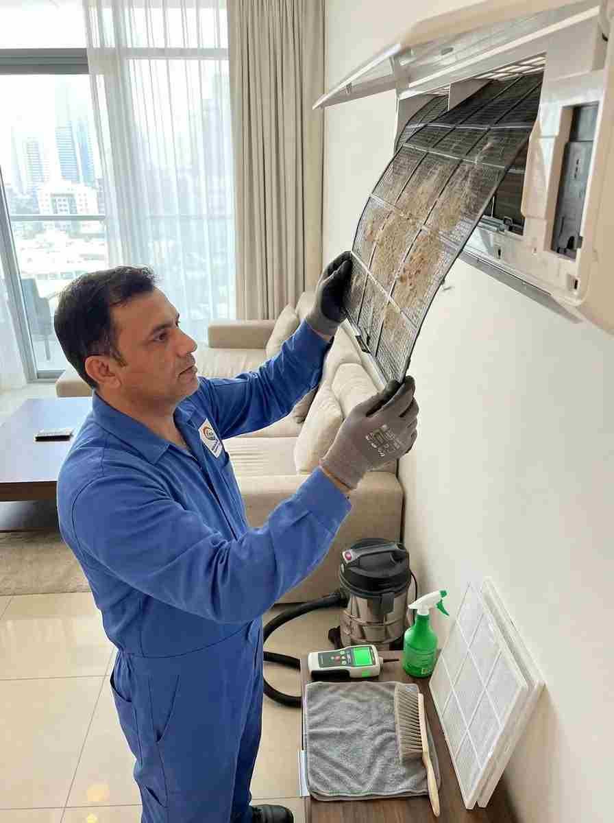 HVAC technician cleaning a dusty AC filter during professional AC filter cleaning in Dubai