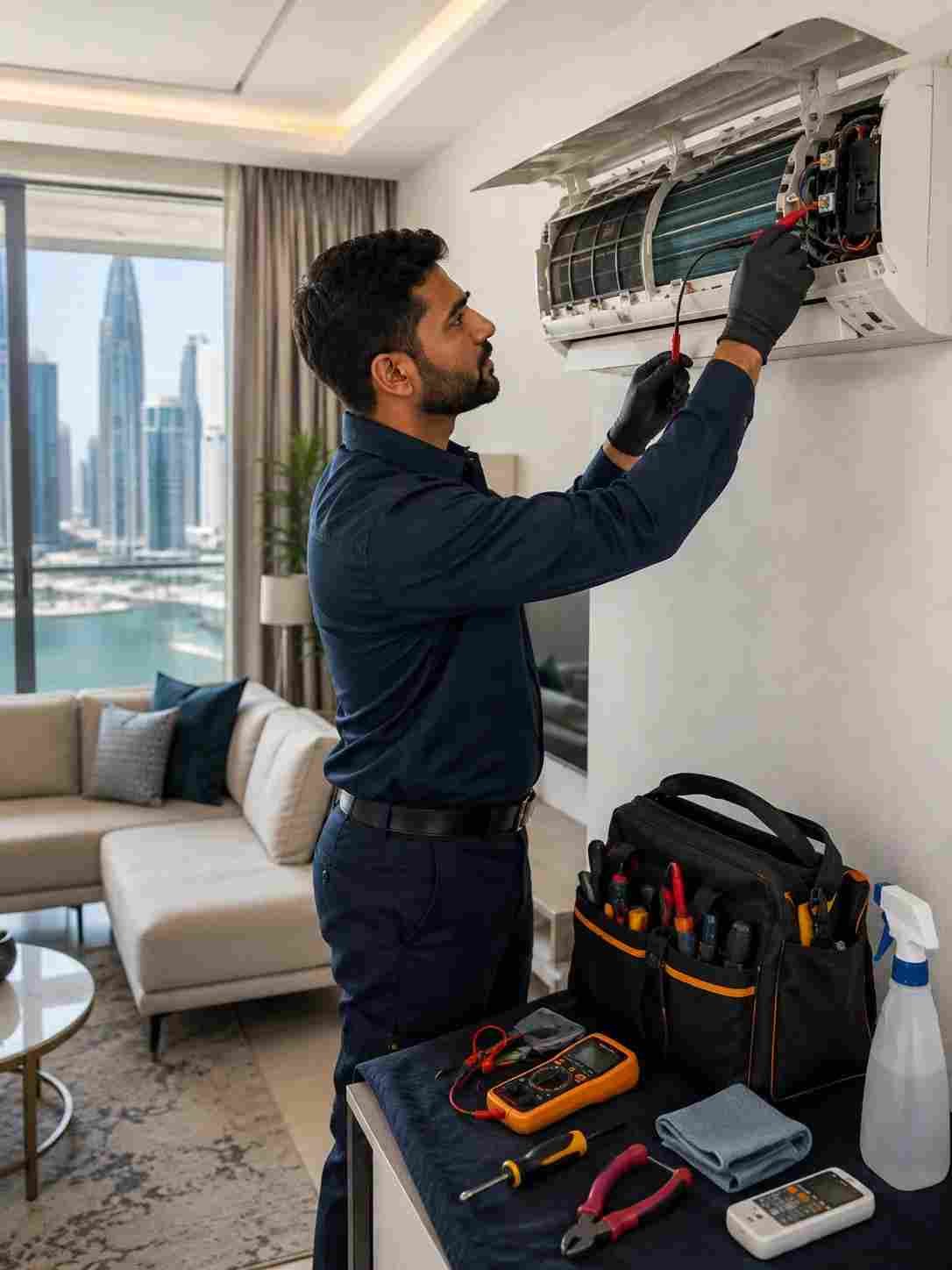 HVAC technician diagnosing and repairing a split AC unit in a Dubai apartment