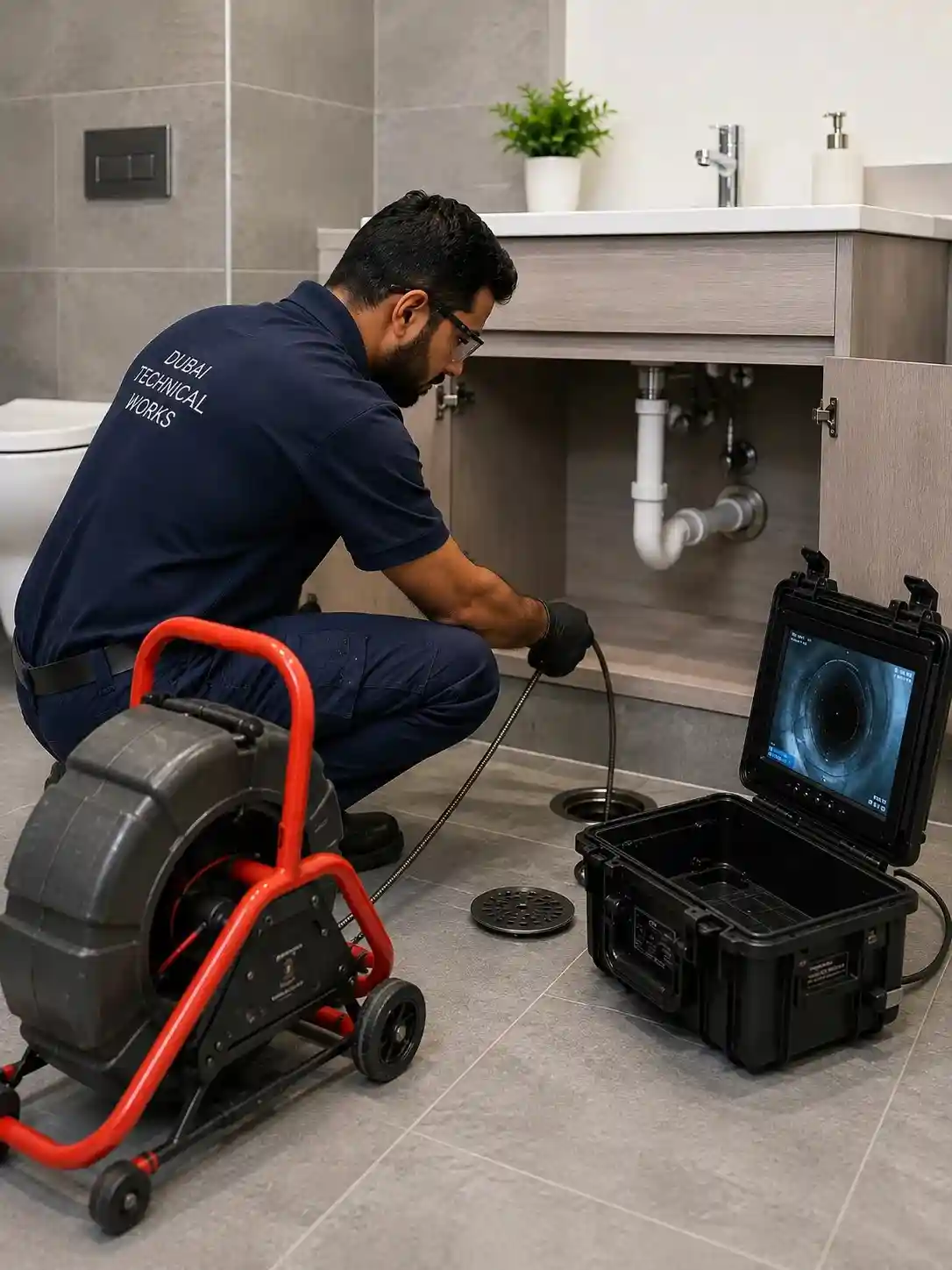 Technician performing professional drain cleaning and CCTV pipe inspection in a Dubai bathroom