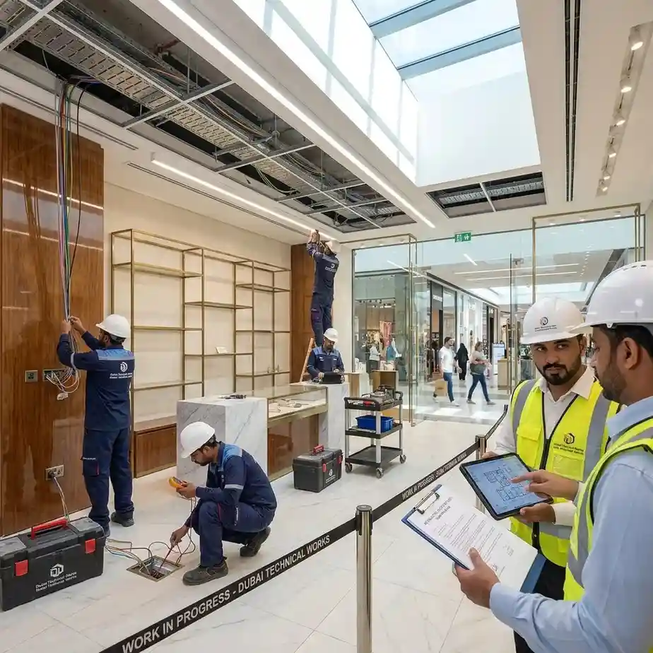 Electricians installing lighting, power cables, and electrical systems inside a retail store at Dubai Hills Mall while engineers supervise the project.