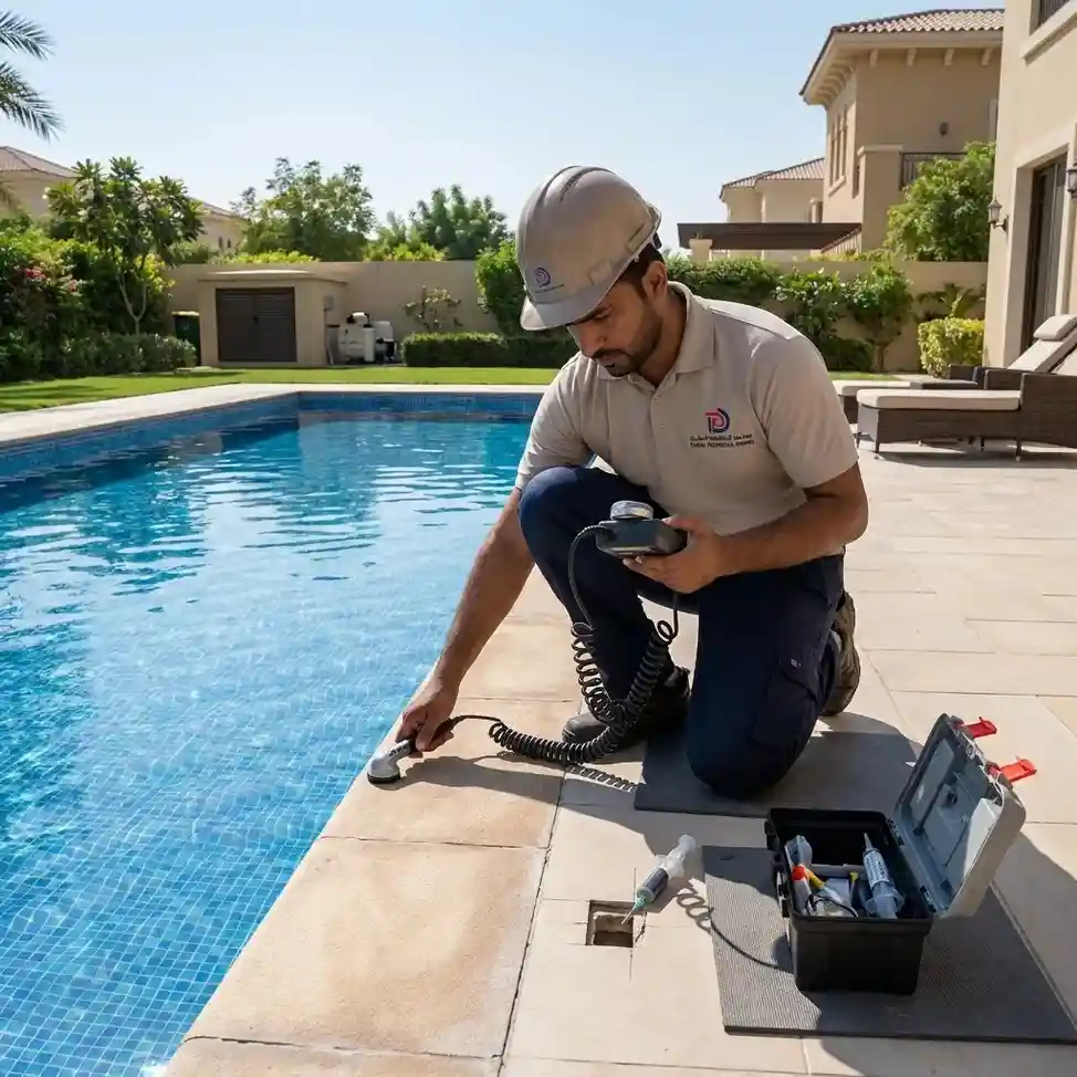 Dubai Technical Works technician using electronic leak detection equipment beside a villa swimming pool