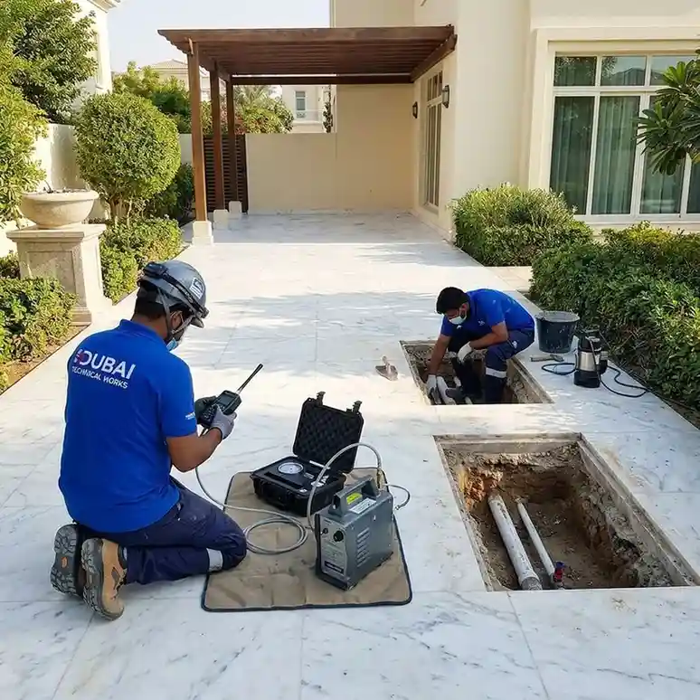 Dubai Technical Works technicians locating an underground water leak beneath a marble villa driveway