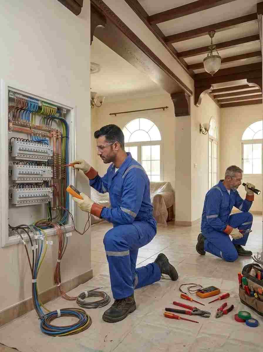 Professional electricians upgrading an electrical distribution board in an Arabian Ranches villa