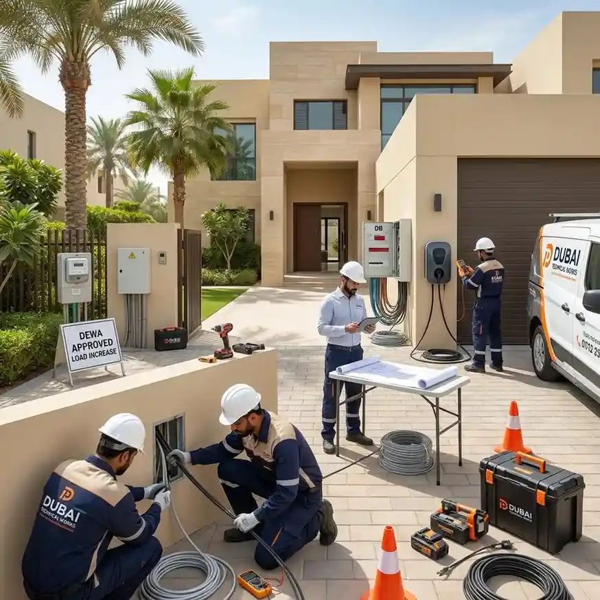 Professional electricians upgrading a luxury villa's electrical system with concealed wiring, a new distribution board, and an EV charger in Arabian Ranches.