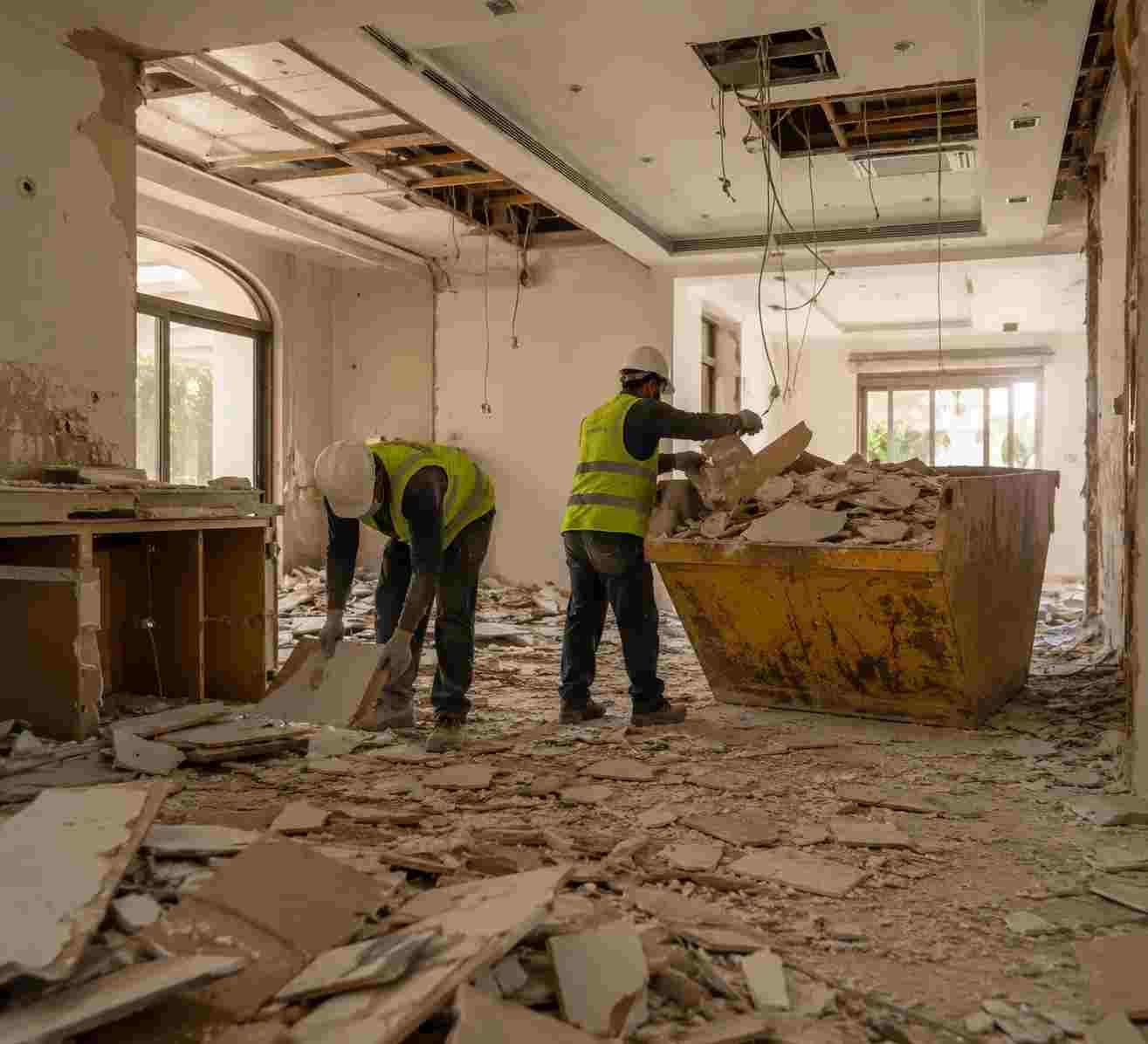 Workers clearing tiles, gypsum ceiling debris, and old cabinetry during a villa strip-out in Dubai