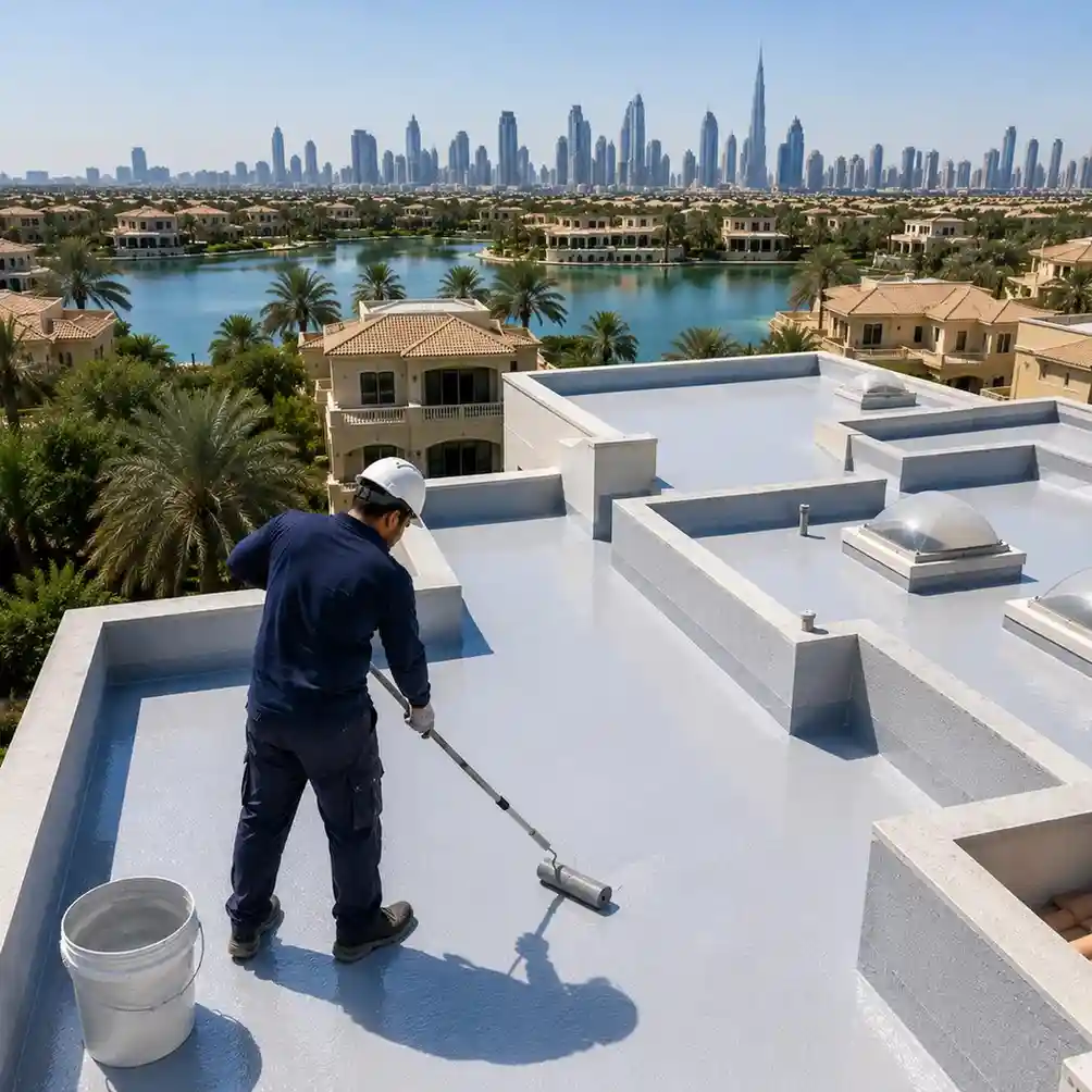 Technician applying polyurethane waterproof coating to a multi-level villa roof in Jumeirah Islands Dubai