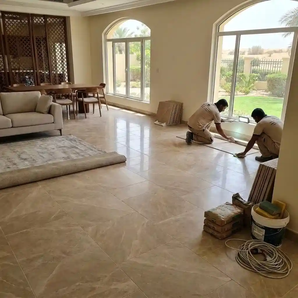 Professional tile installers laying large-format porcelain floor tiles inside a villa in Arabian Ranches Dubai