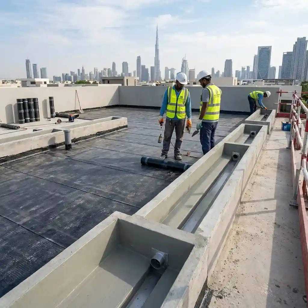 Dubai Technical Works workers installing torch-on waterproofing membrane on a villa roof in Dubai